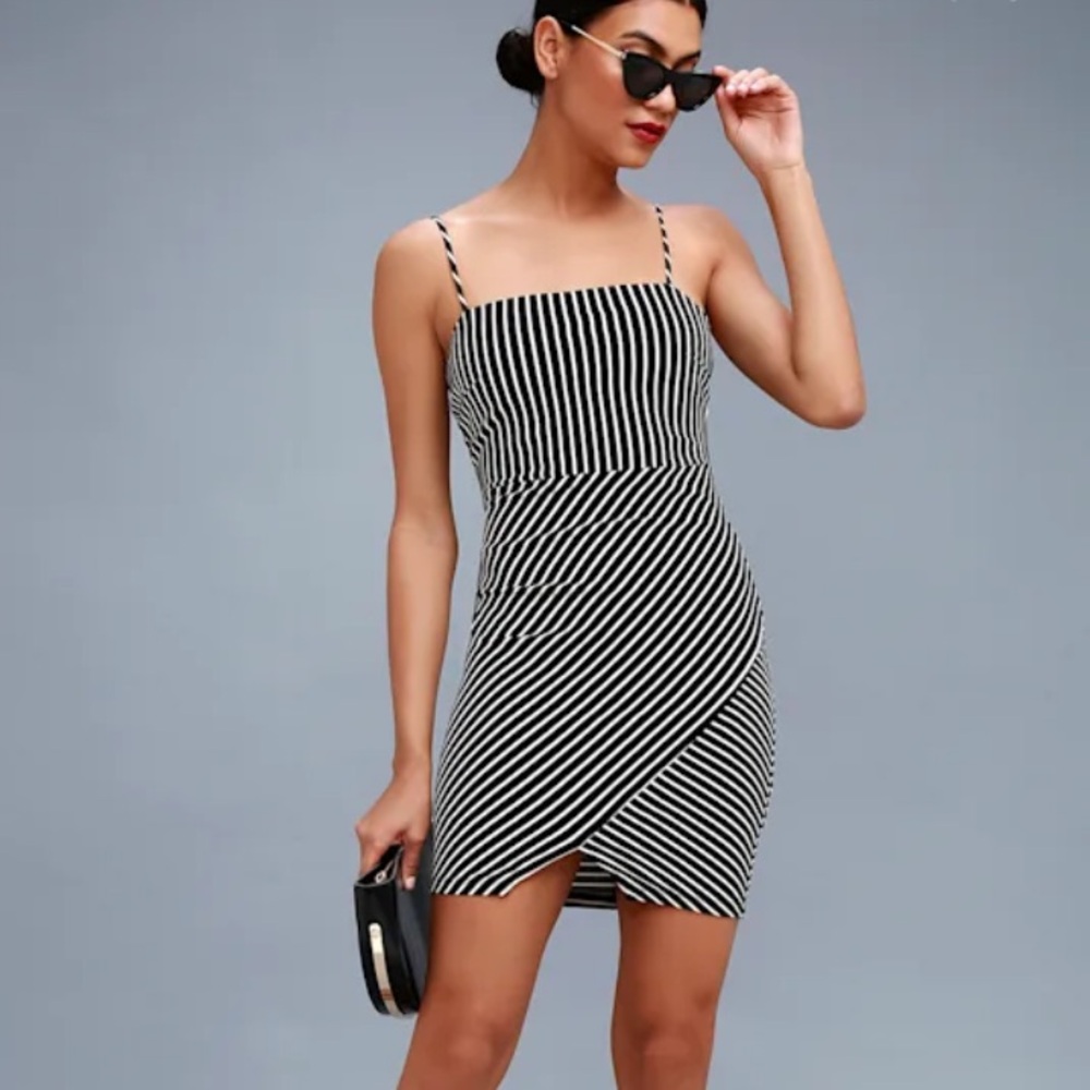 Lulus My Oh My Black White Striped Bodycon Dress Mini with straps asymmetrical M